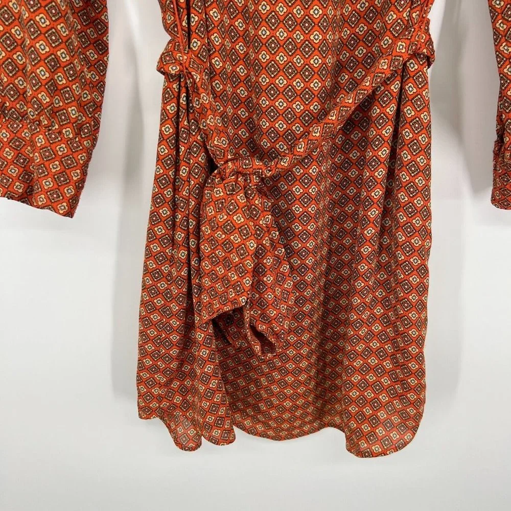 Banana Republic Dress Orange Printed V Neck Long Sleeve Tie Waist - Picture 6 of 11